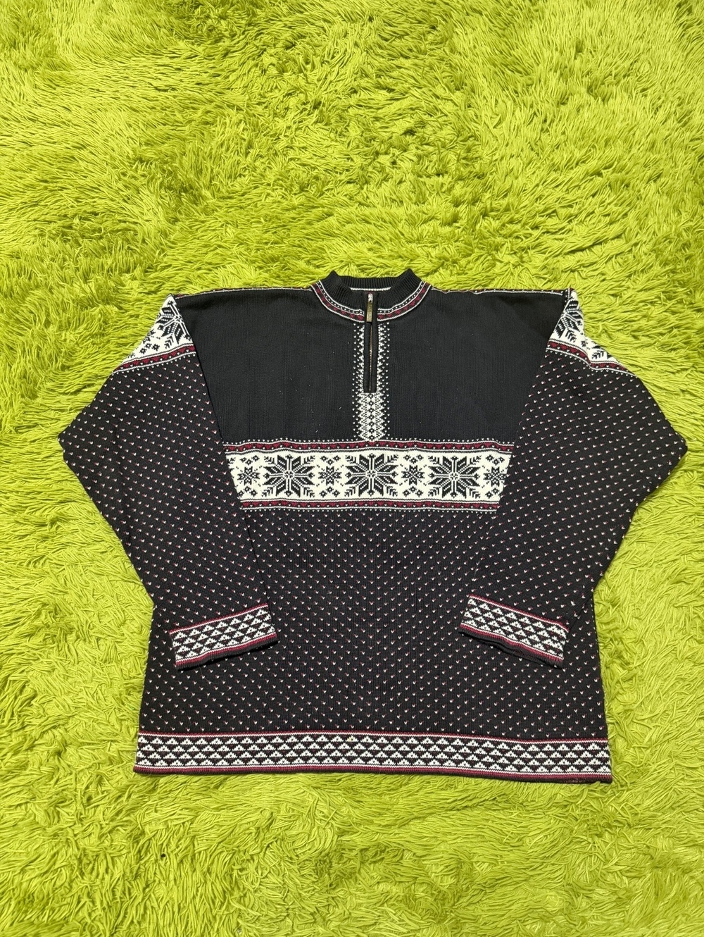 DALE OF NORWAY Black Fair Isle 1/4 Zip Sweater Size Large